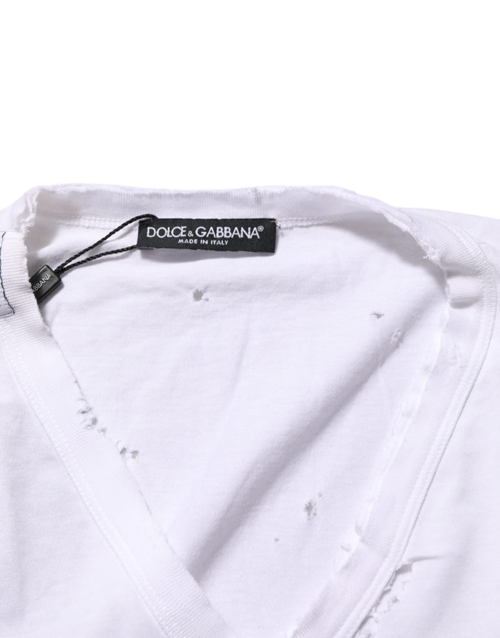Dolce &amp; Gabbana White Distressed Cotton V Neck Men T-shirt