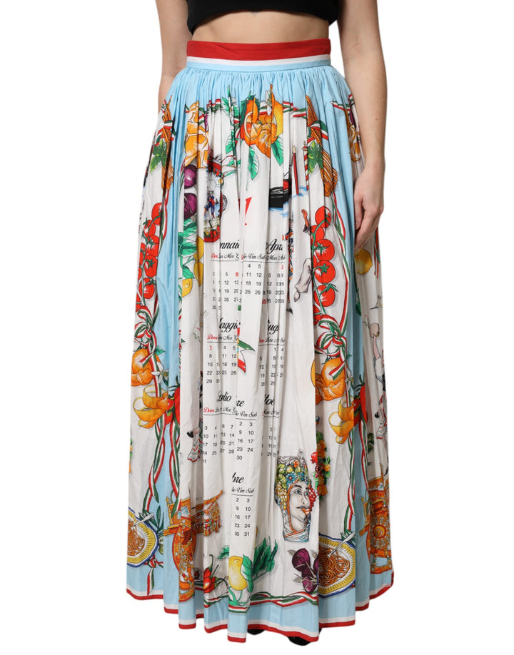 Dolce &amp; Gabbana White Calendar Print Cotton Gathered Maxi Skirt