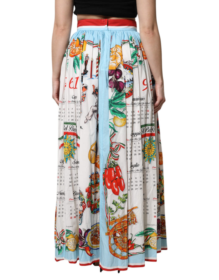 Dolce &amp; Gabbana White Calendar Print Cotton Gathered Maxi Skirt