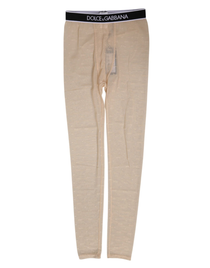Dolce &amp; Gabbana Beige Nylon Logo Lace Leggings Pants Underwear
