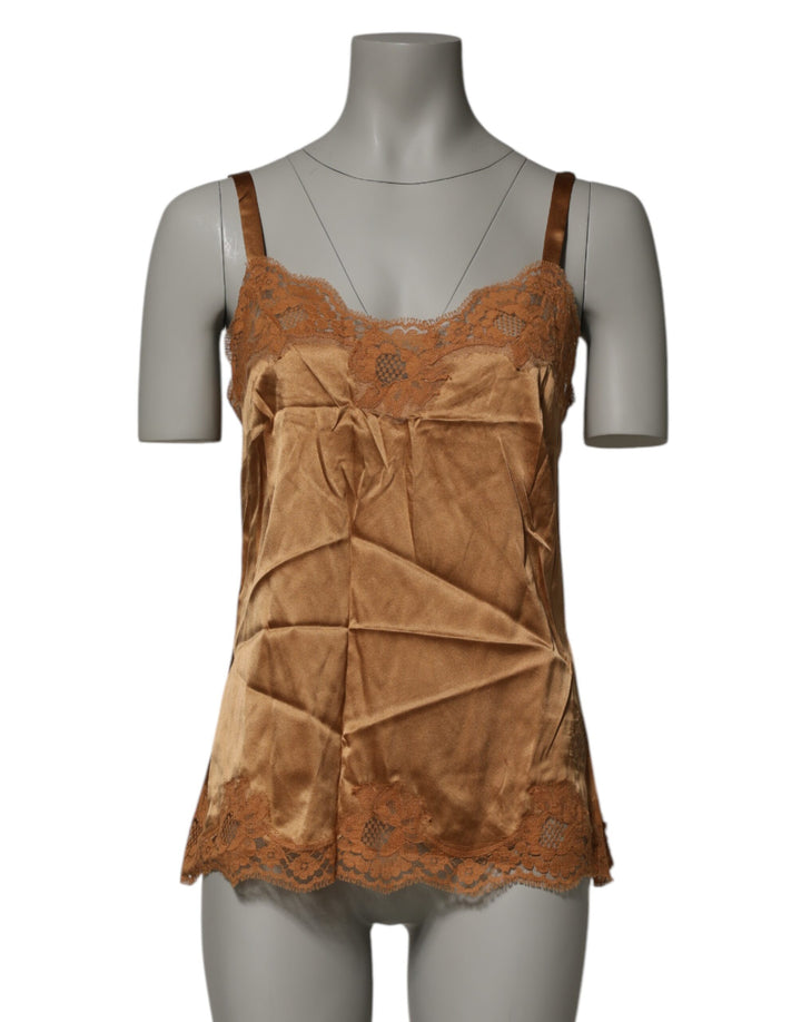 Dolce &amp; Gabbana Brown Floral Lace Tank Lingerie Sleepwear Underwear
