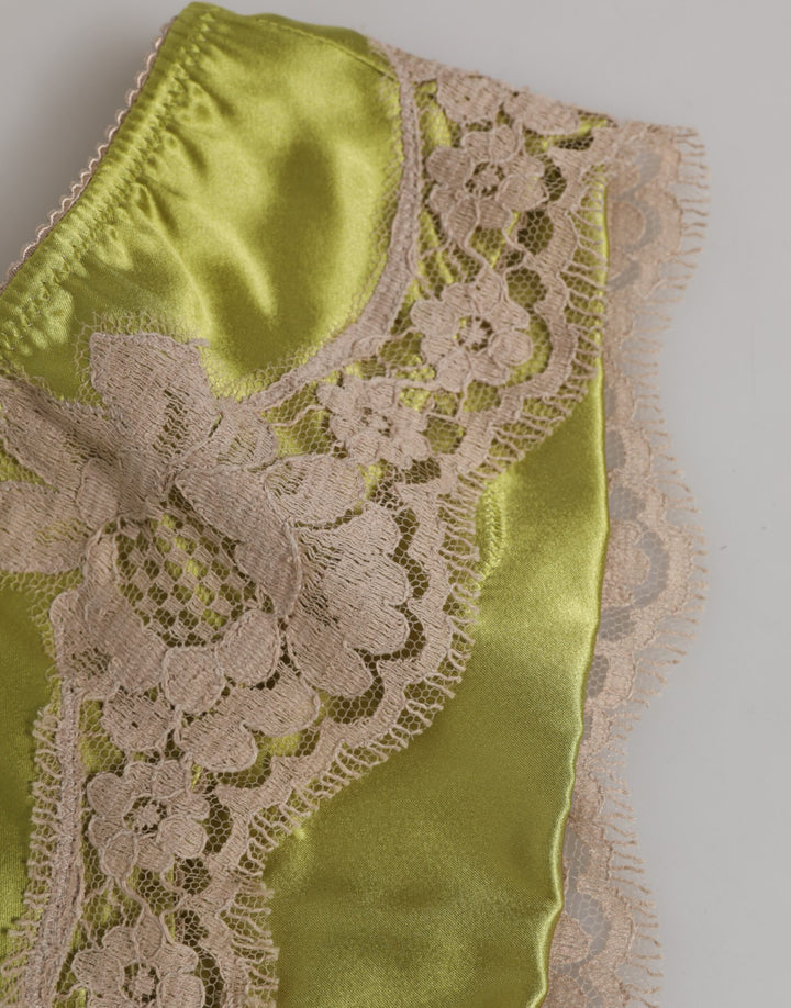 Dolce &amp; Gabbana Green Silk Satin Floral Lace Trim Panty Underwear
