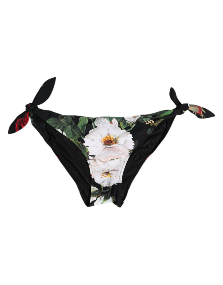 Dolce &amp; Gabbana Black Side Tie Floral Bikini Bottom Swimwear