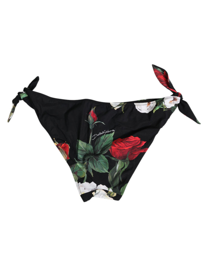 Dolce &amp; Gabbana Black Side Tie Floral Bikini Bottom Swimwear