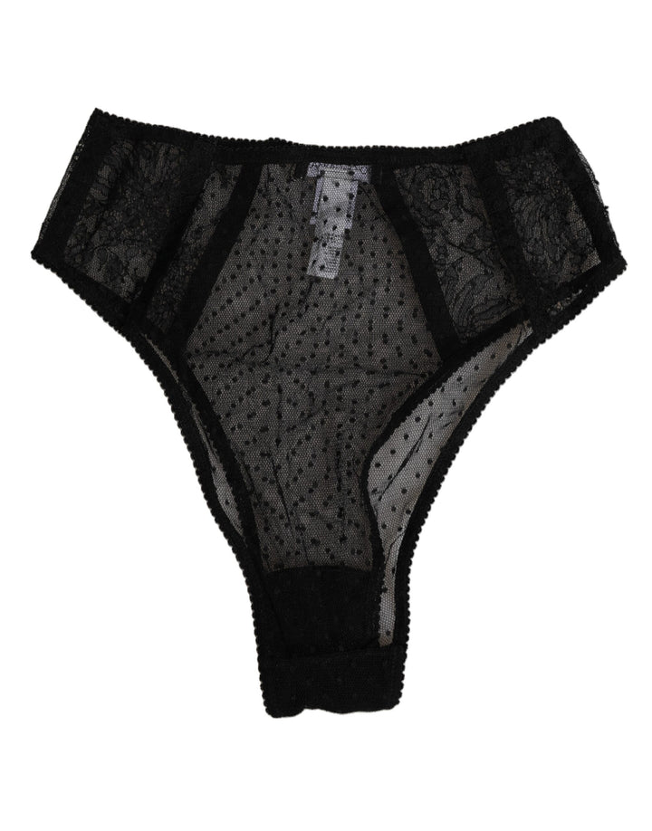 Dolce &amp; Gabbana Black Lace Polka Dot Mesh High Waist Underwear