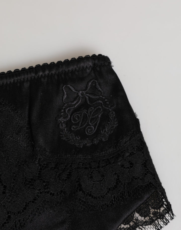 Dolce &amp; Gabbana Black Silk Satin Floral Lace Panty Brief Underwear