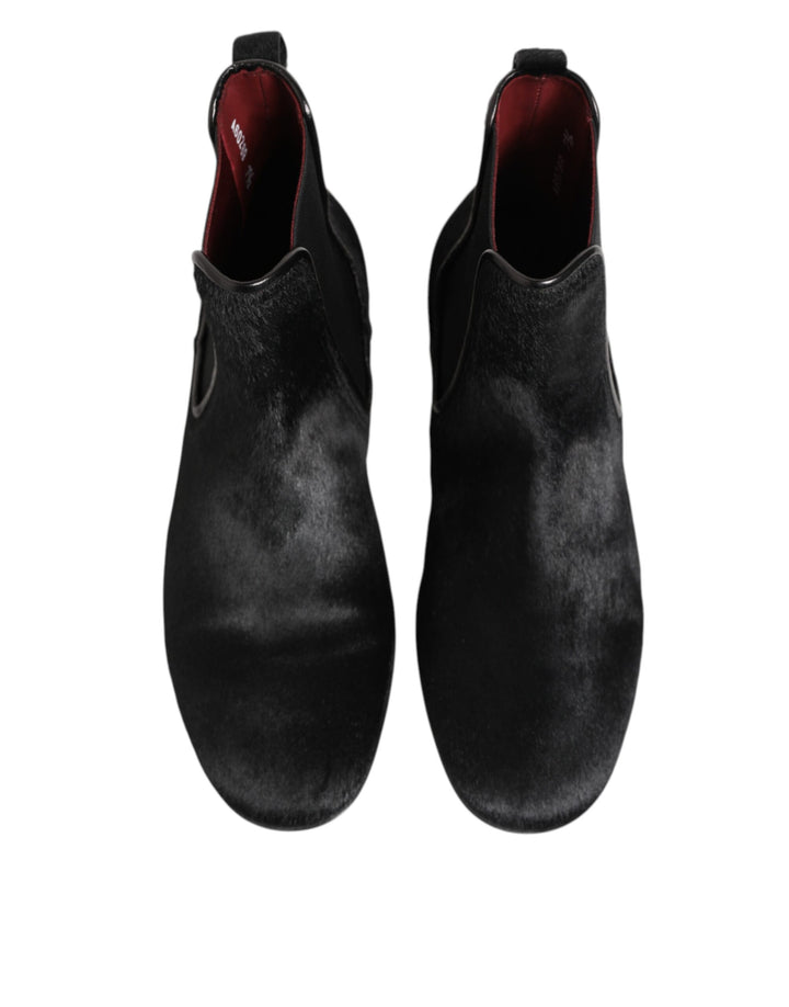 Dolce &amp; Gabbana Black Leather Fur Men CHELSEA Boots Shoes