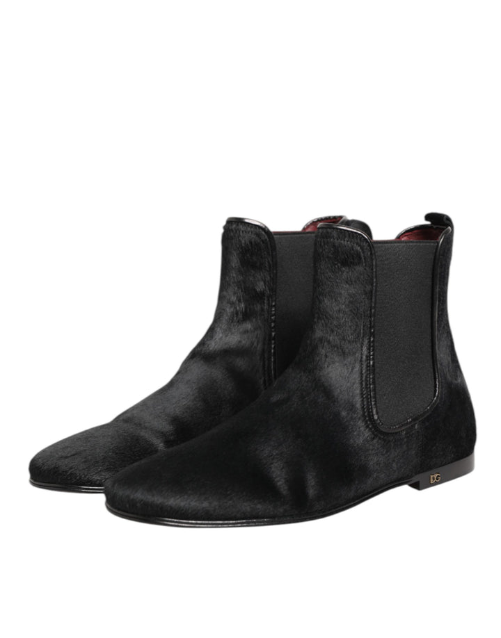 Dolce &amp; Gabbana Black Leather Fur Men CHELSEA Boots Shoes