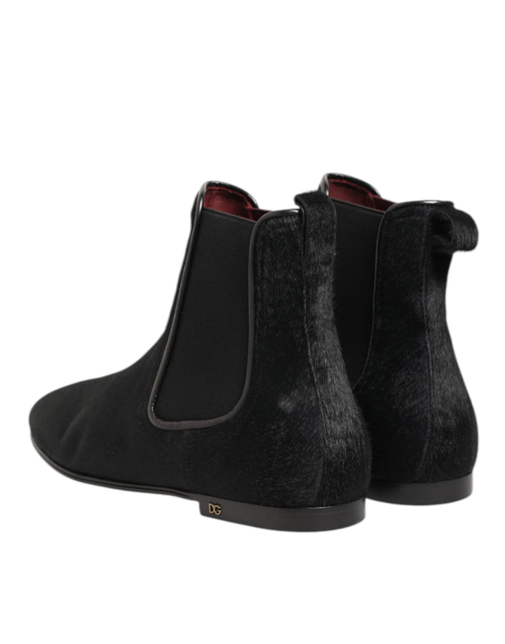 Dolce &amp; Gabbana Black Leather Fur Men CHELSEA Boots Shoes