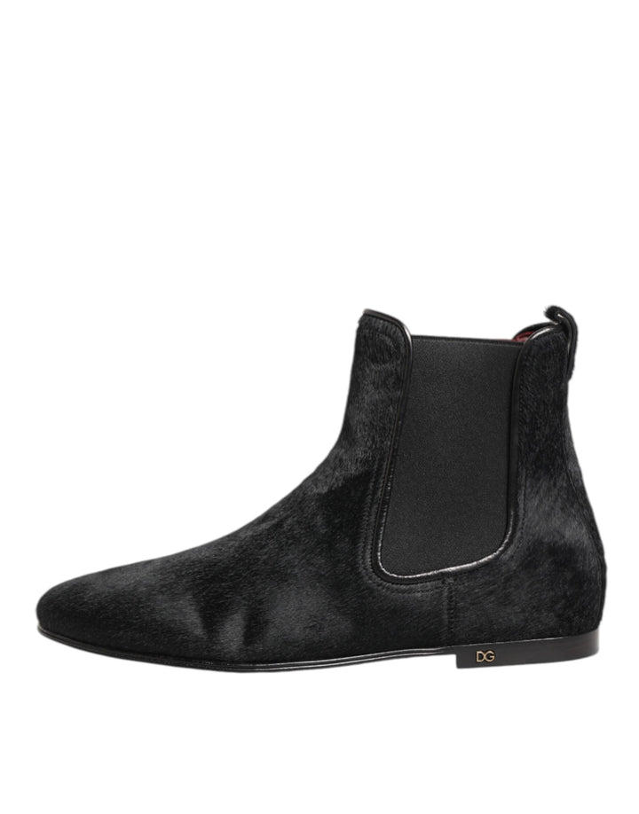 Dolce &amp; Gabbana Black Leather Fur Men CHELSEA Boots Shoes