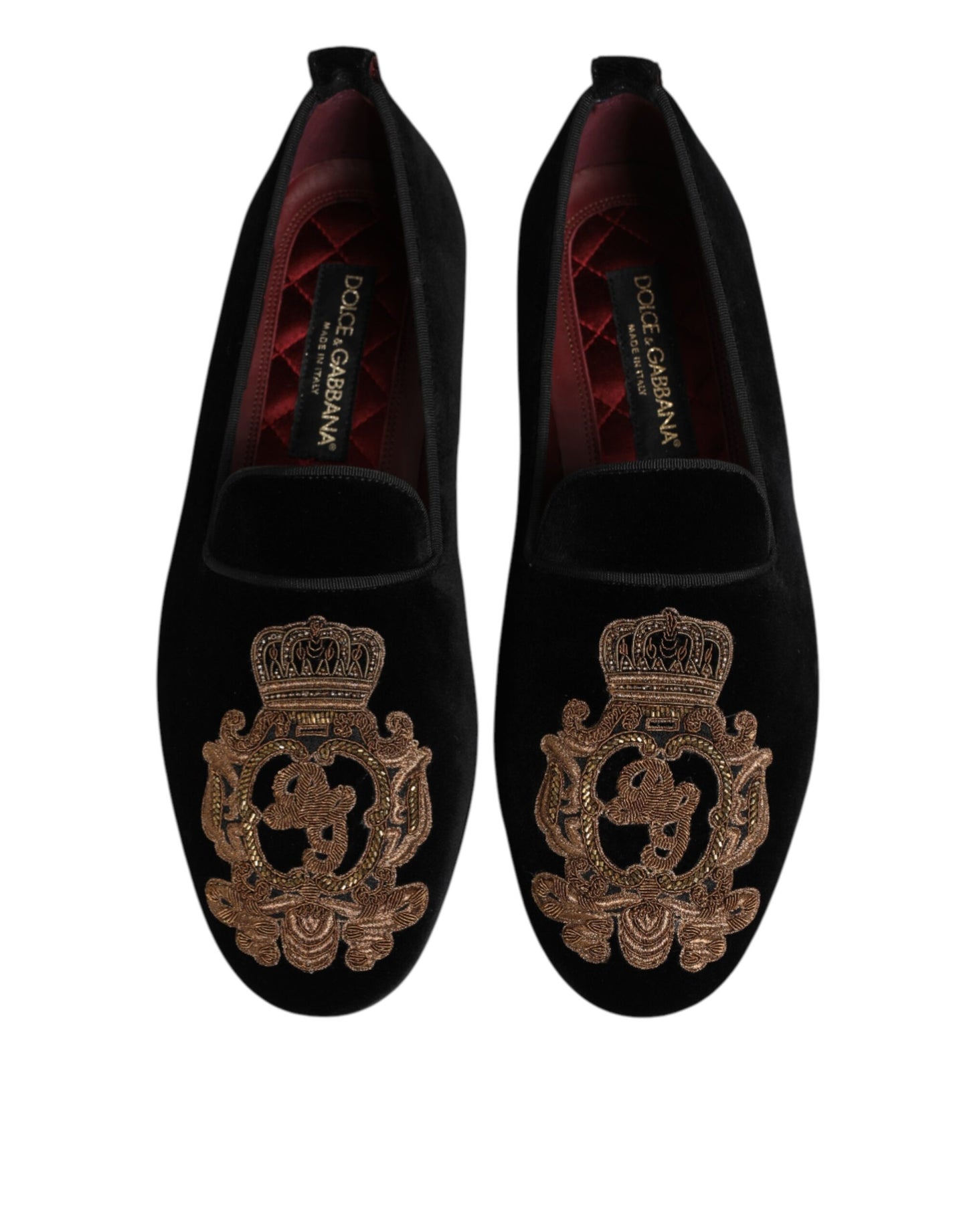 Dolce & Gabbana Black Velvet Gold Crown Mens Loafers Shoes
