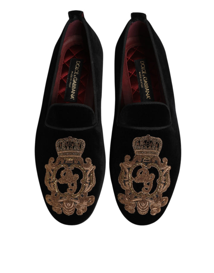 Dolce &amp; Gabbana Black Velvet Gold Crown Mens Loafers Shoes
