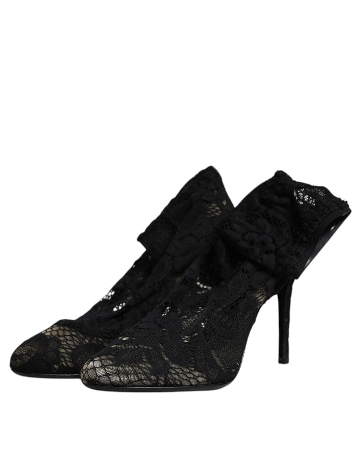 Dolce &amp; Gabbana Black Lace Stretch Heels Mid Calf Boots Shoes
