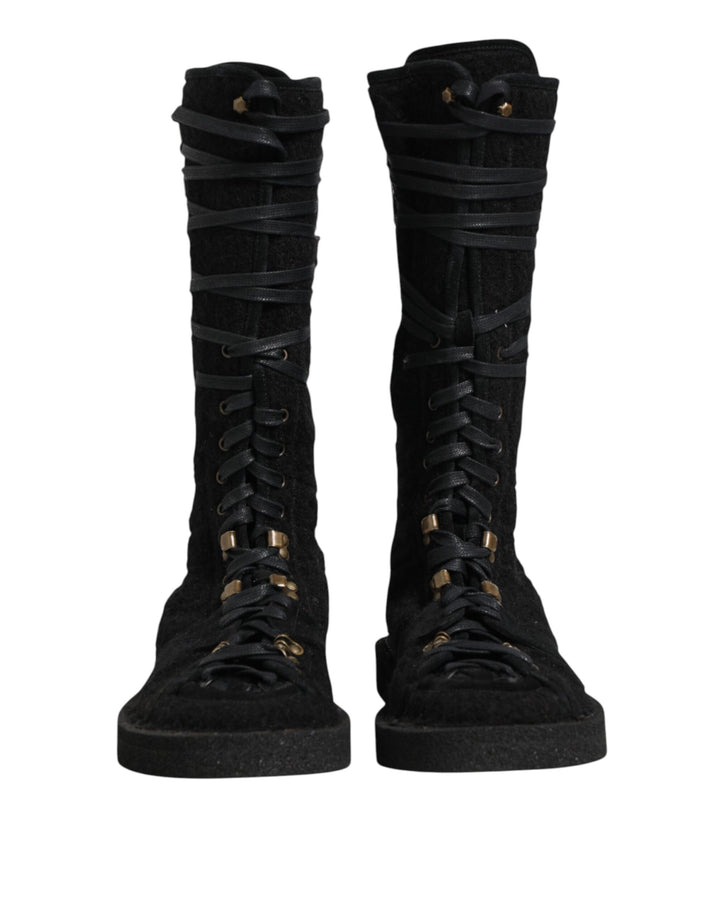 Dolce &amp; Gabbana Black Alpaca Wool Suede Mid Calf Boots Shoes