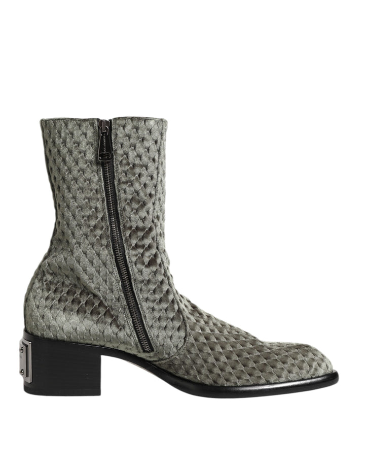 Dolce &amp; Gabbana Gray Cotton Velvet Mid Calf Short Boots Shoes