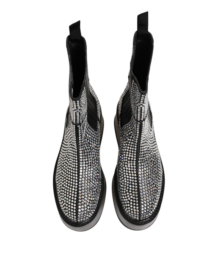 Dolce &amp; Gabbana Black Crystal Strass Mid Calf Short Boots  Shoes