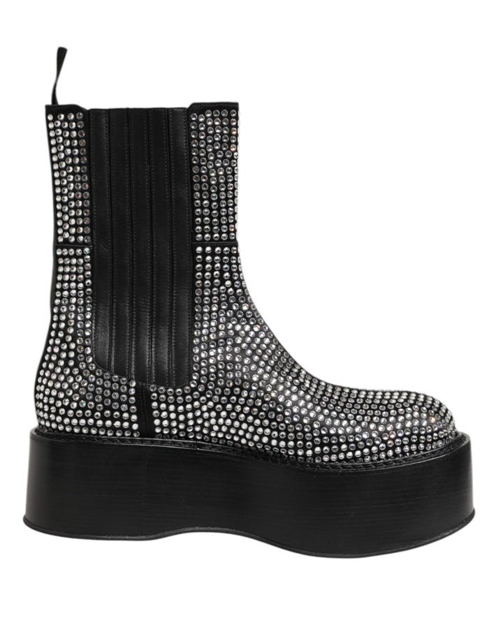 Dolce &amp; Gabbana Black Crystal Strass Mid Calf Short Boots  Shoes