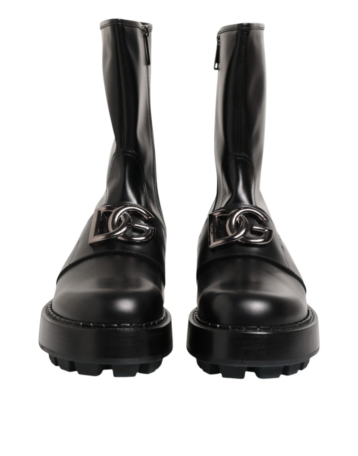 Dolce &amp; Gabbana Black Logo Plaque Mid Calf Biker Boots Shoes