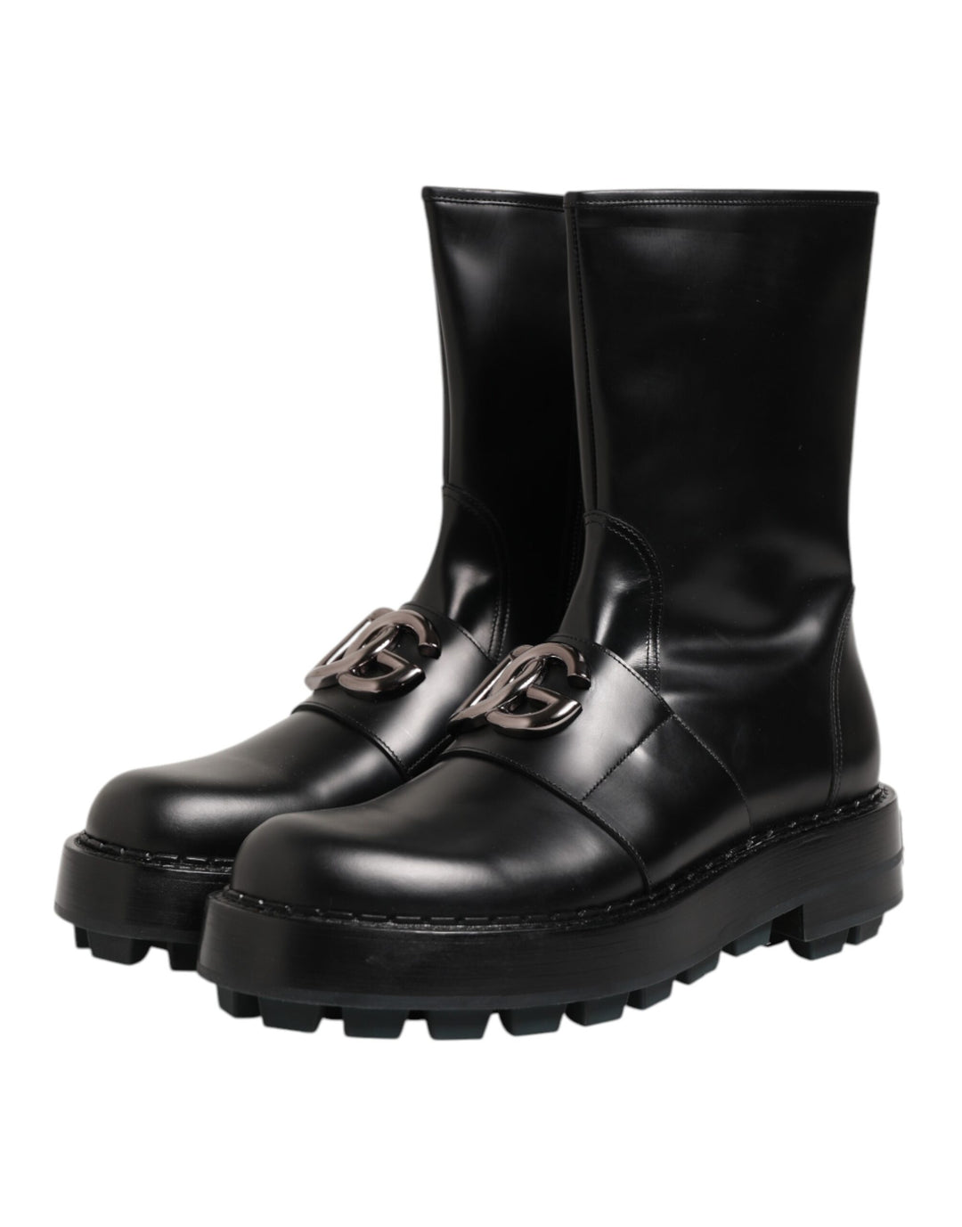 Dolce &amp; Gabbana Black Logo Plaque Mid Calf Biker Boots Shoes