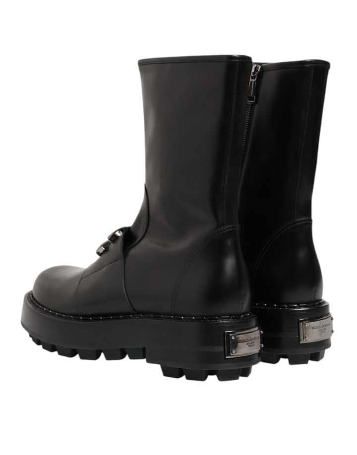 Dolce &amp; Gabbana Black Logo Plaque Mid Calf Biker Boots Shoes