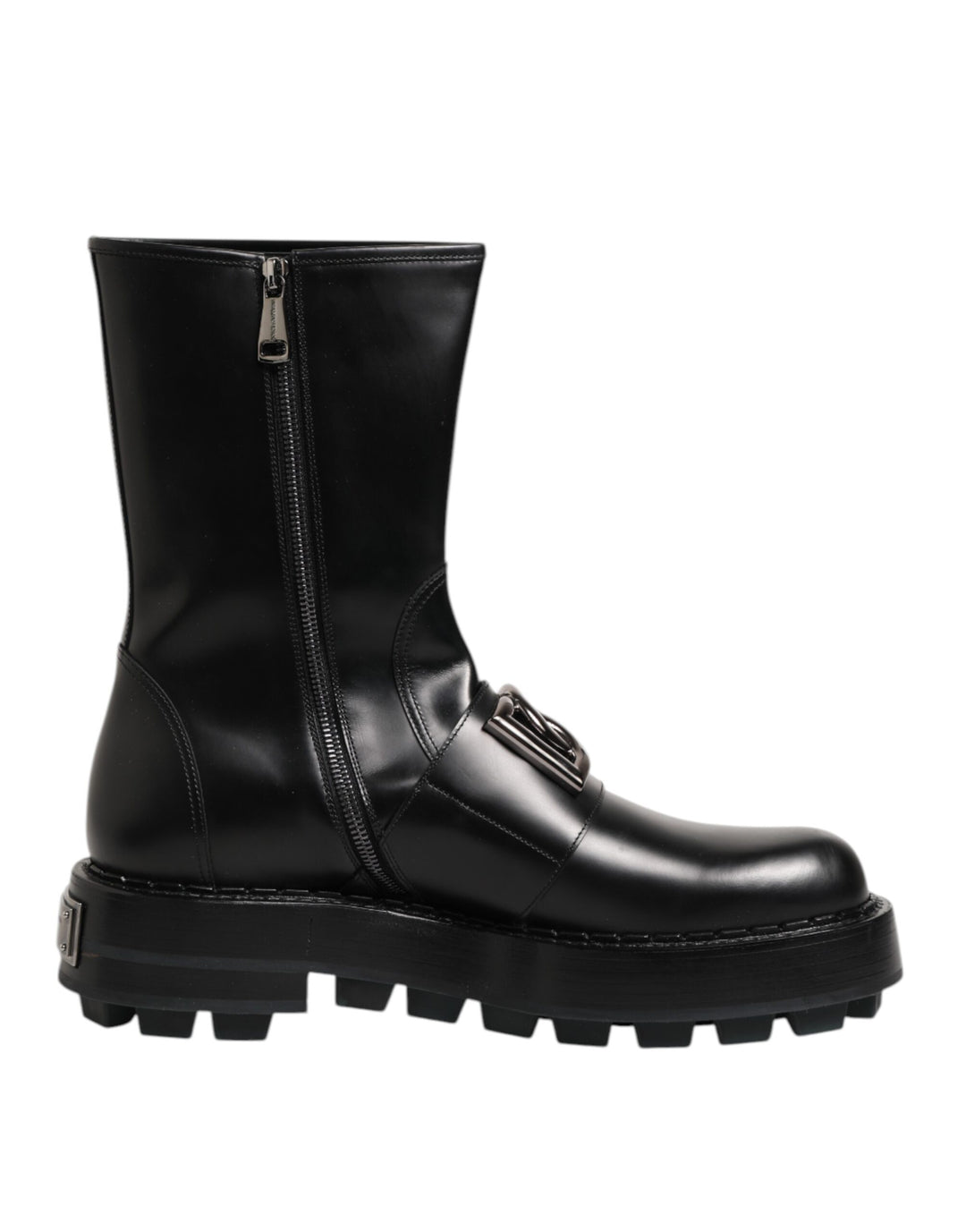 Dolce &amp; Gabbana Black Logo Plaque Mid Calf Biker Boots Shoes