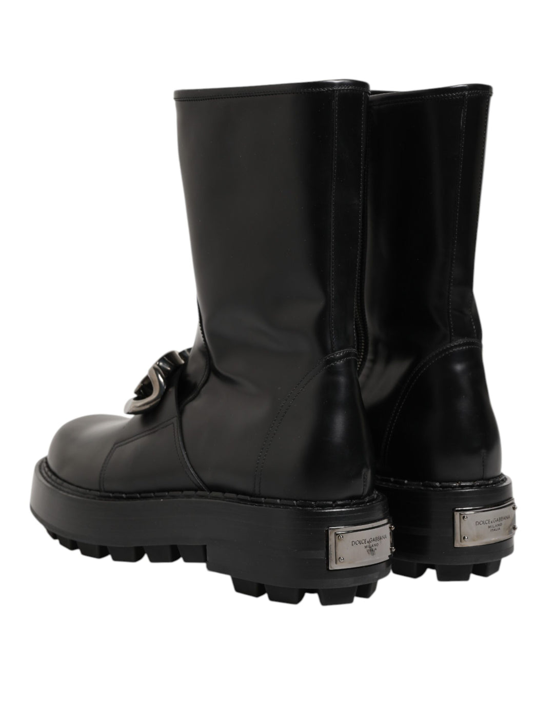 Dolce &amp; Gabbana Black Logo Plaque Mid Calf Biker Boots Shoes