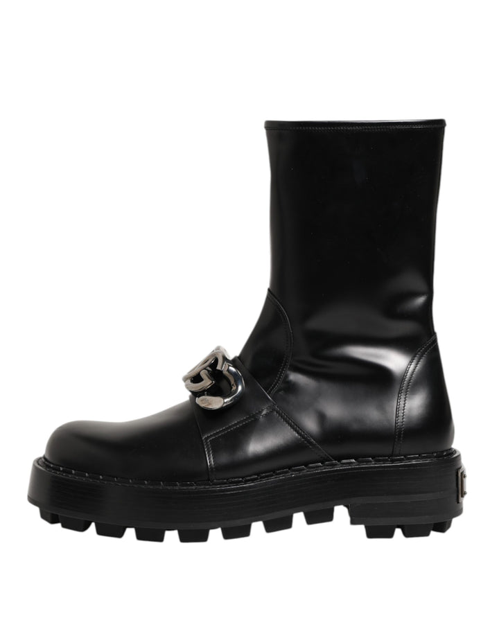 Dolce &amp; Gabbana Black Logo Plaque Mid Calf Biker Boots Shoes