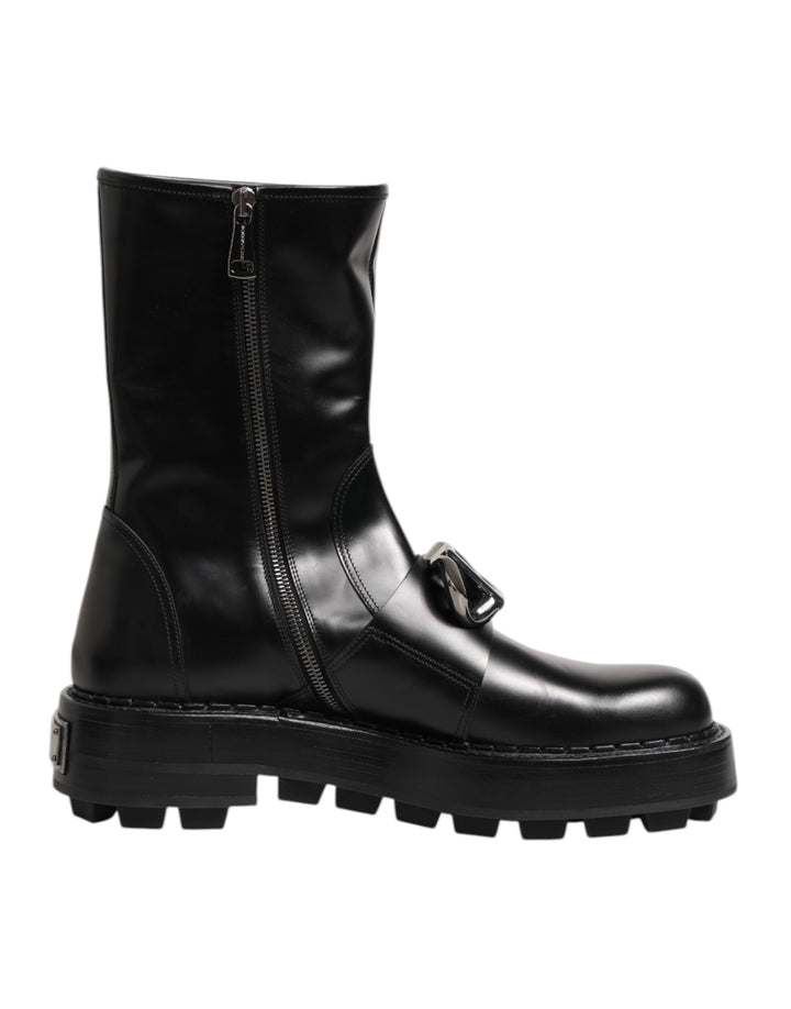 Dolce &amp; Gabbana Black Logo Plaque Mid Calf Biker Boots Shoes