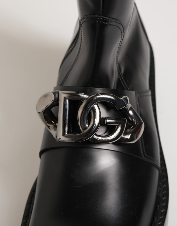 Dolce &amp; Gabbana Black Logo Plaque Mid Calf Biker Boots Shoes