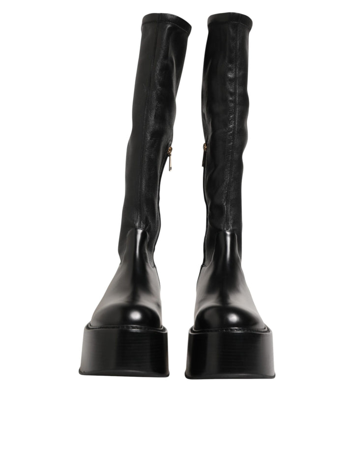 Dolce &amp; Gabbana Black Logo Plaque Over The Calf Boots Shoes