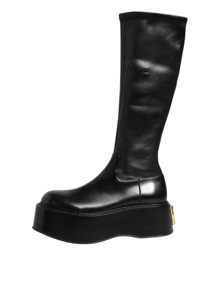 Dolce &amp; Gabbana Black Logo Plaque Over The Calf Boots Shoes