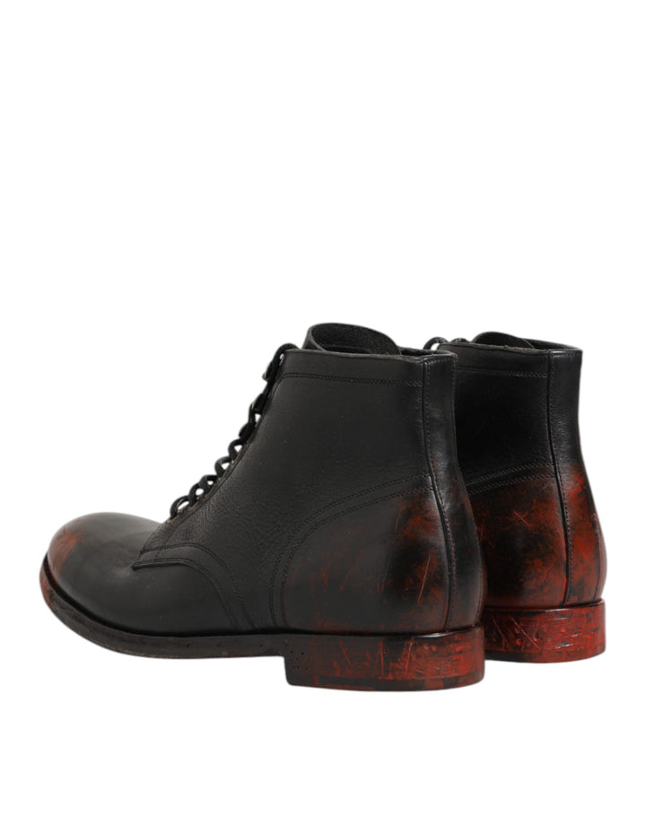 Dolce &amp; Gabbana Black Red Lace Up Short Ankle Boot Shoes