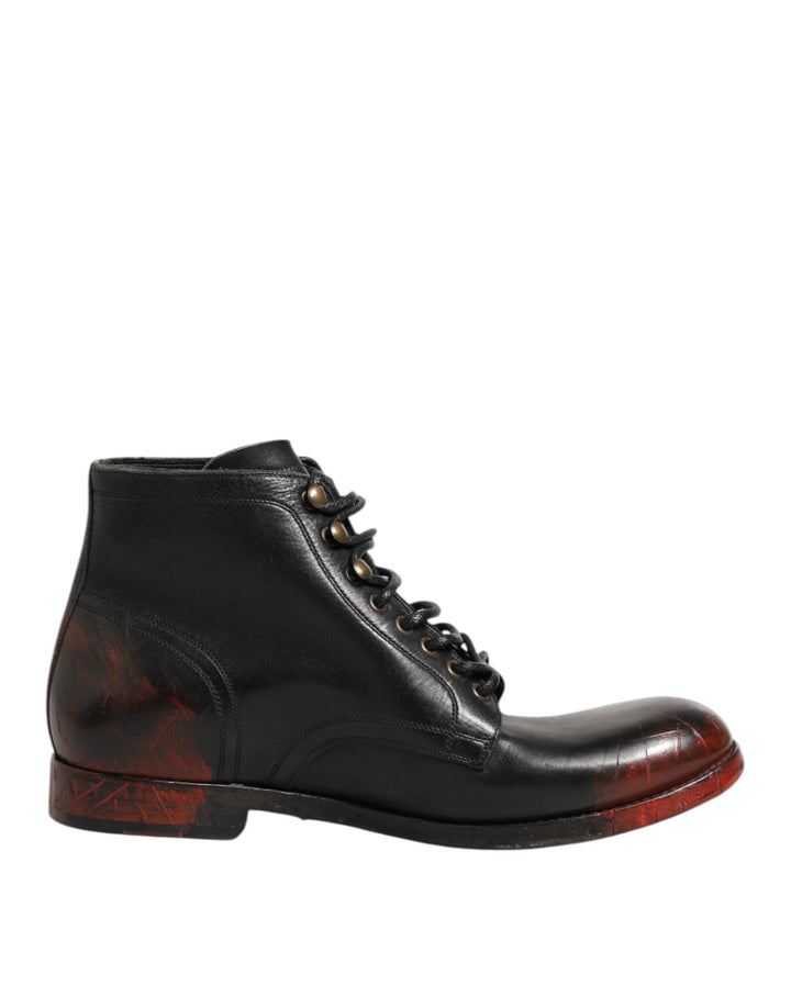 Dolce &amp; Gabbana Black Red Lace Up Short Ankle Boot Shoes