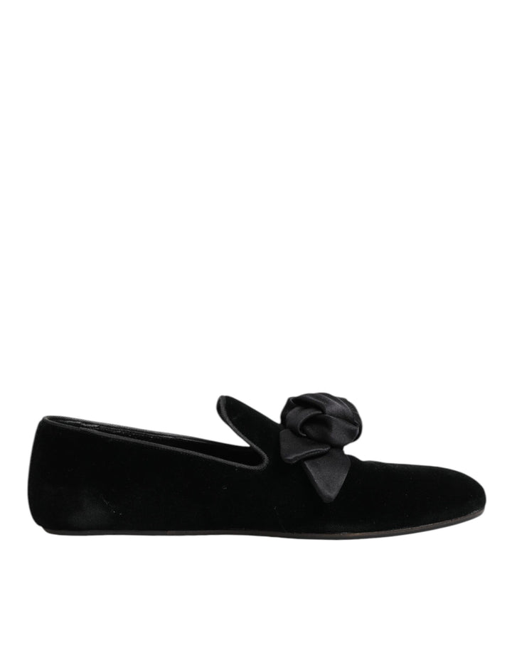 Dolce &amp; Gabbana Black Suede Cotton Rose Slip On Loafers Shoes