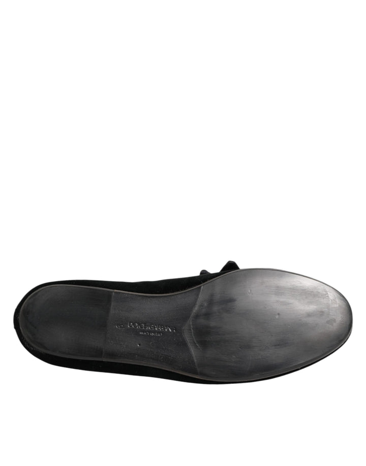 Dolce &amp; Gabbana Black Suede Cotton Rose Slip On Loafers Shoes