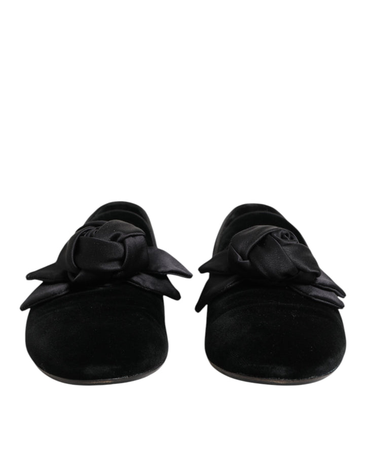 Dolce &amp; Gabbana Black Suede Cotton Rose Slip On Loafers Shoes