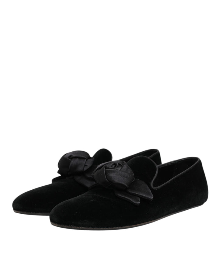 Dolce &amp; Gabbana Black Suede Cotton Rose Slip On Loafers Shoes