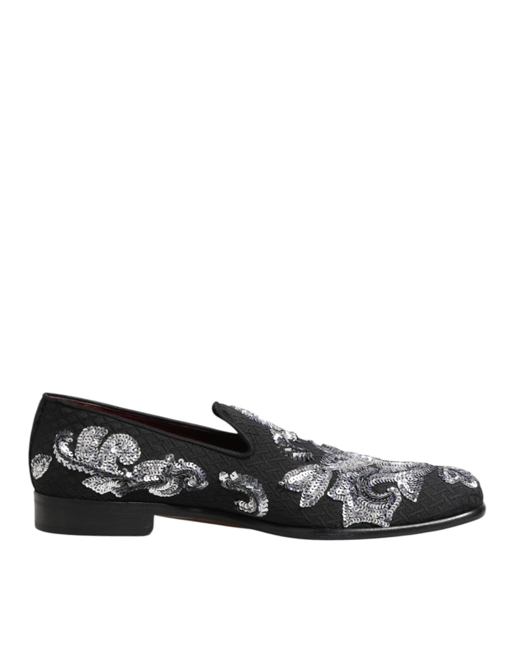 Dolce &amp; Gabbana Black Silver Sequined Loafers Men Dress Shoes