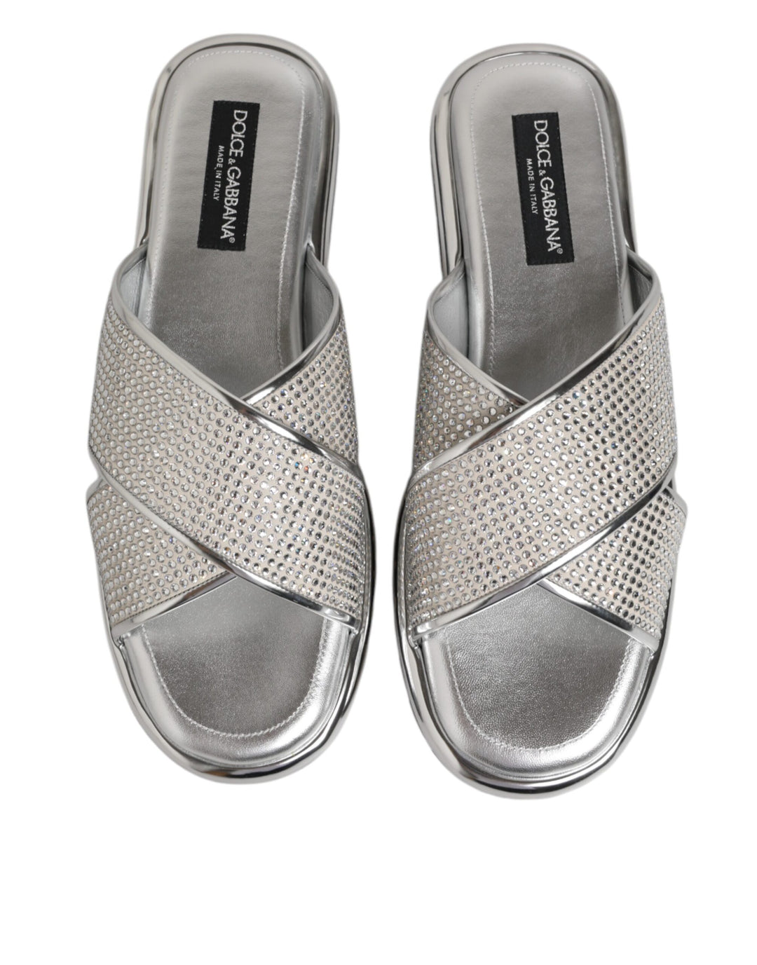 Dolce &amp; Gabbana Silver Strass Slides Flats Slippers Shoes