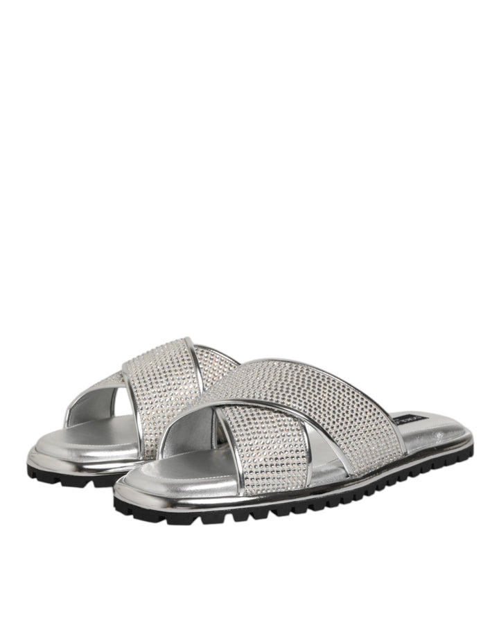 Dolce &amp; Gabbana Silver Strass Slides Flats Slippers Shoes