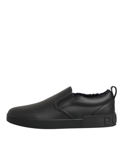 Dolce & Gabbana Black Leather Low Top Slip On Sneakers Shoes