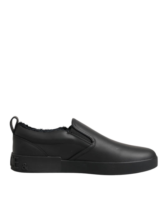 Dolce & Gabbana Black Leather Low Top Slip On Sneakers Shoes