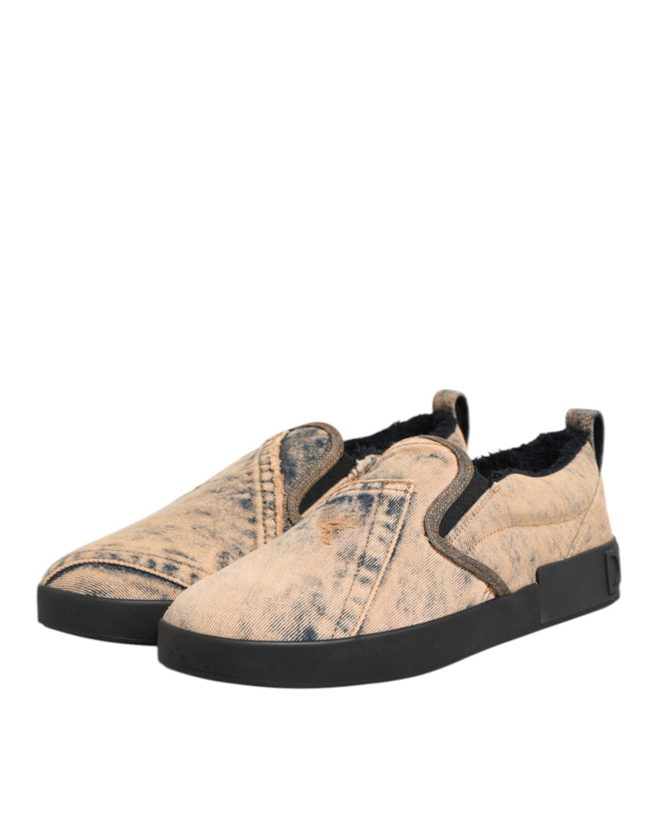 Dolce &amp; Gabbana Beige Cotton Low Top Slip On Sneakers Shoes