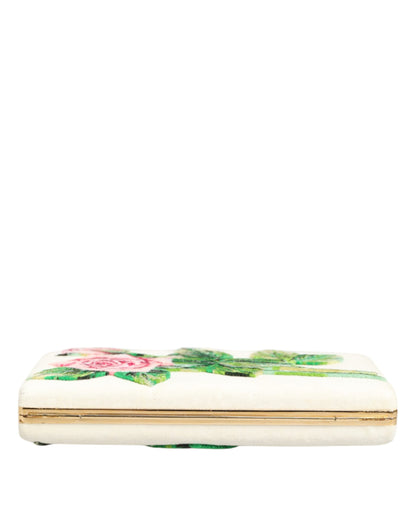 Dolce & Gabbana White Rose Embroidery Silk Gold Frame Clutch Purse Bag