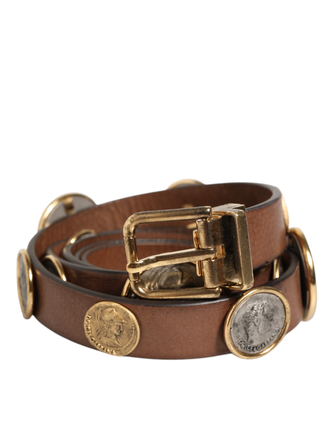 Dolce &amp; Gabbana Brown Leather Gold Silver Coin Buckle Belt