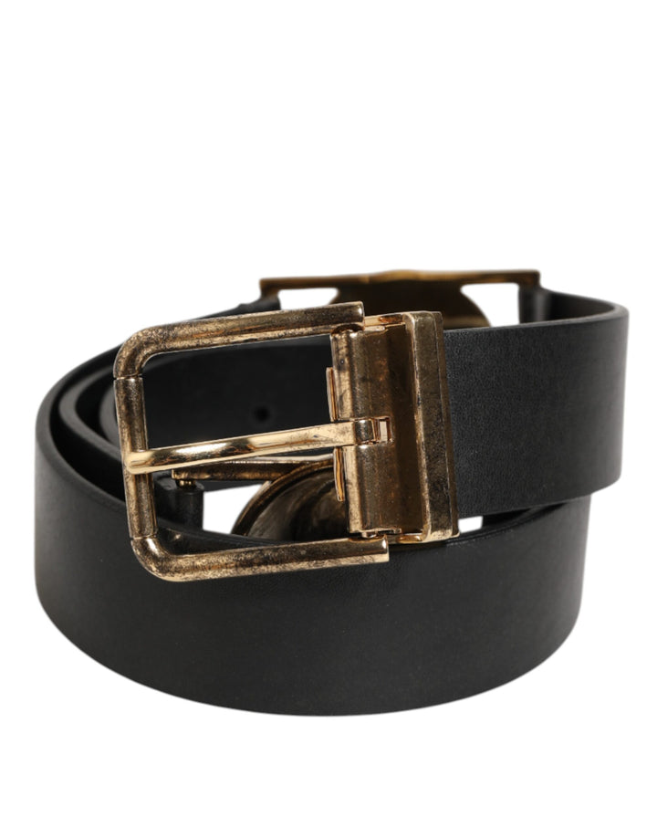 Dolce &amp; Gabbana Black Leather Gold Silver Coin Buckle Belt
