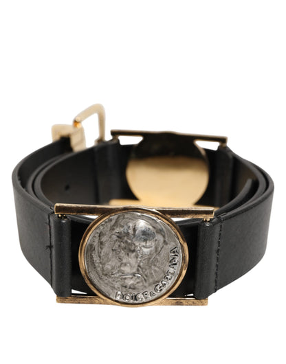 Dolce & Gabbana Black Leather Gold Silver Coin Buckle Belt