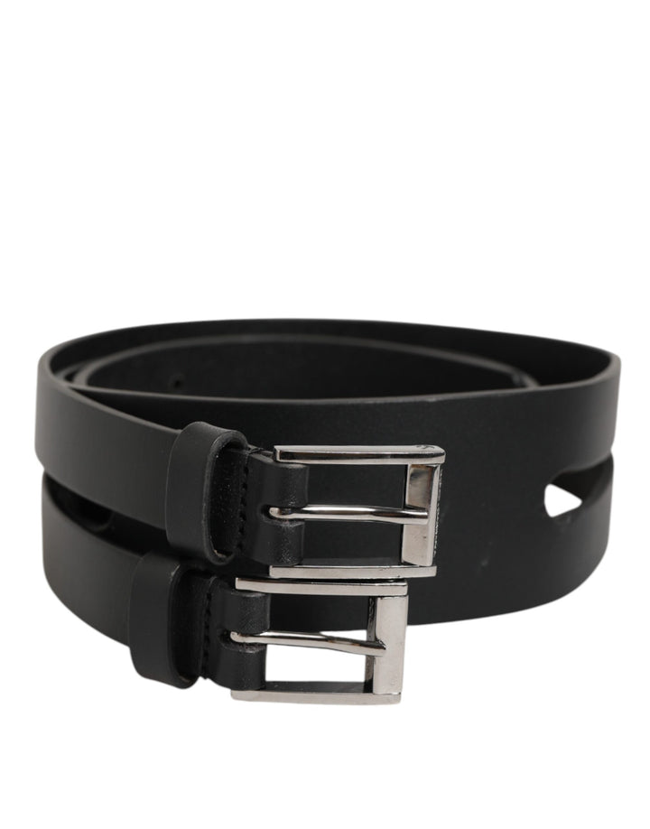 Dolce &amp; Gabbana Black Double Strap Leather Silver Buckle Belt
