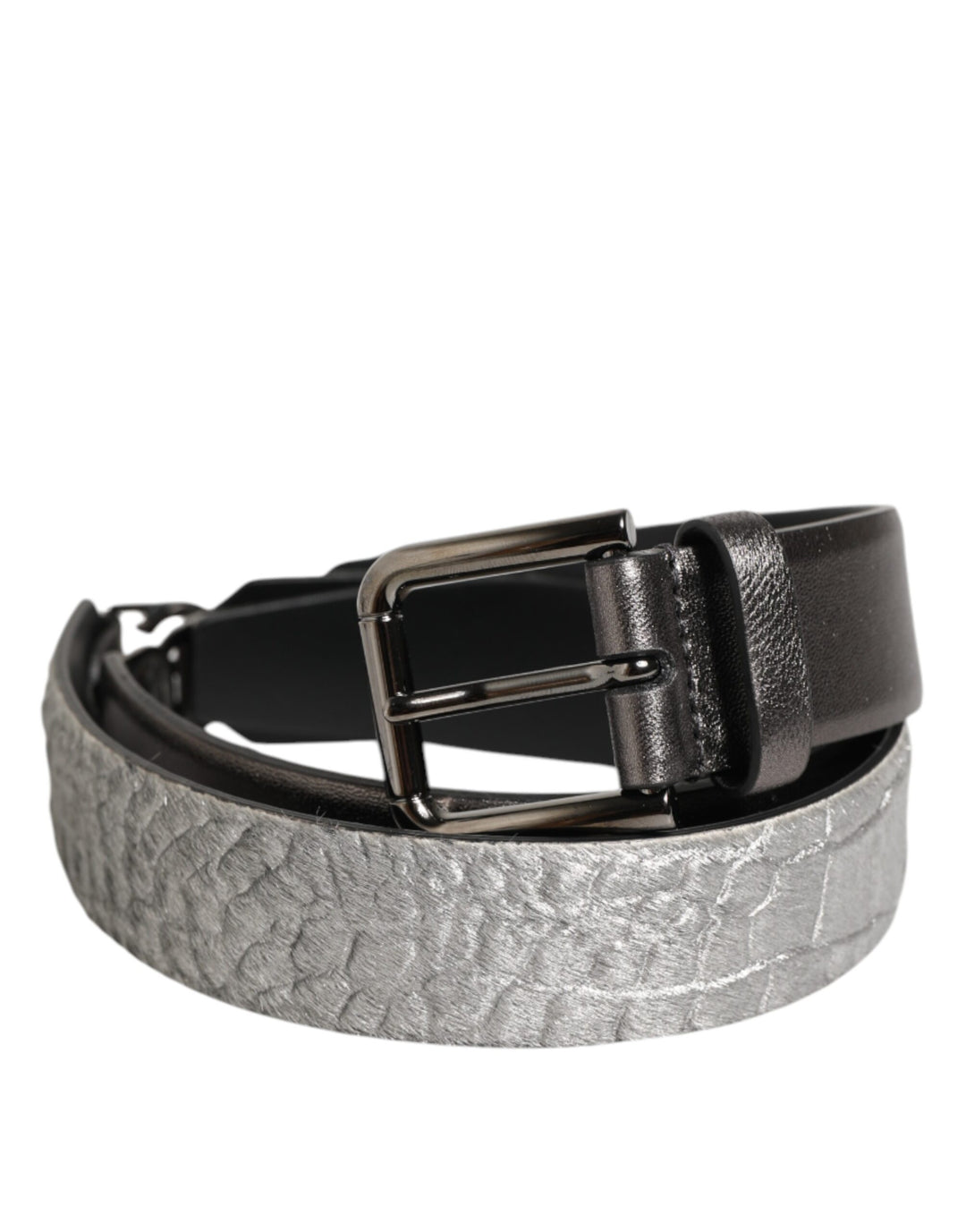 Dolce &amp; Gabbana Black Silver Pebbled Texture Leather Buckle Men Belt