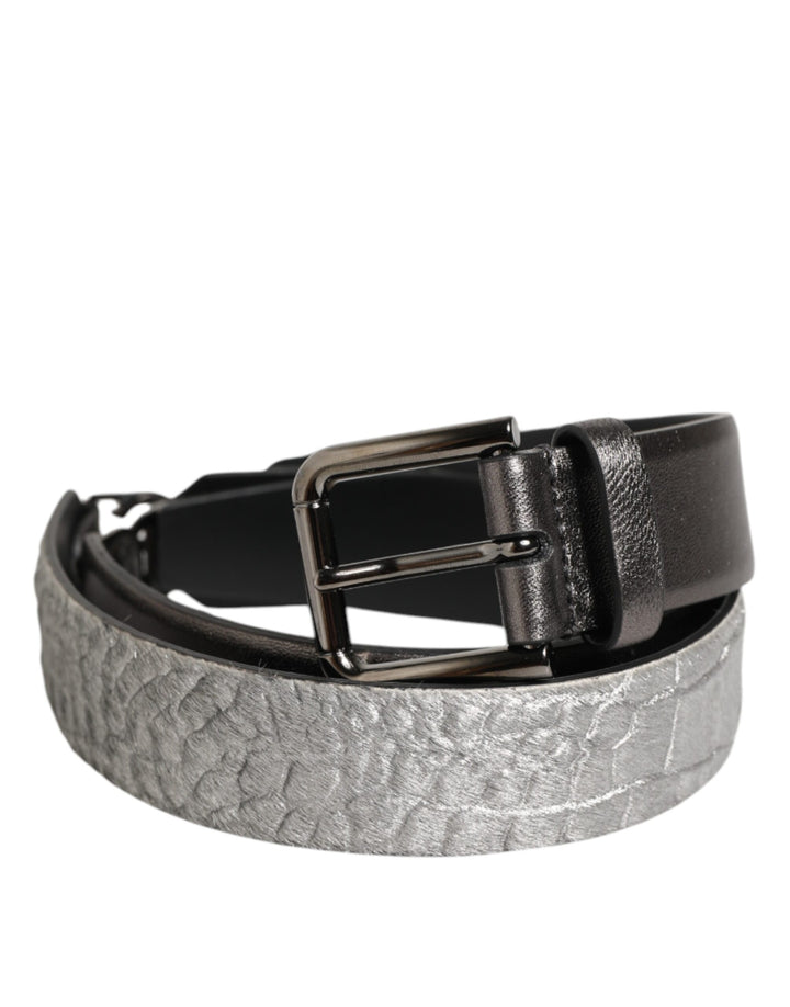 Dolce &amp; Gabbana Black Silver Pebbled Texture Leather Buckle Men Belt